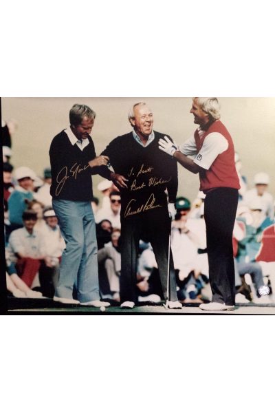 Arnold Palmer Jack Nicklaus Signed 16x20 Photo with Greg Norman