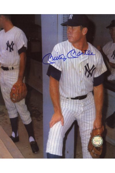 Mickey Mantle Signed 8x10 Photo Autographed Leaning on wall in Dugout