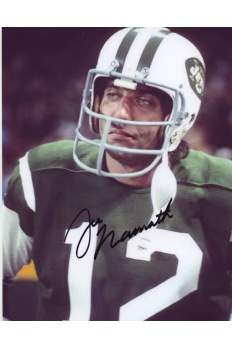 Joe Namath 8x10 Photo Signed Autograph NY Jets HOF Broadway Helmet on Sidelines Score Board
